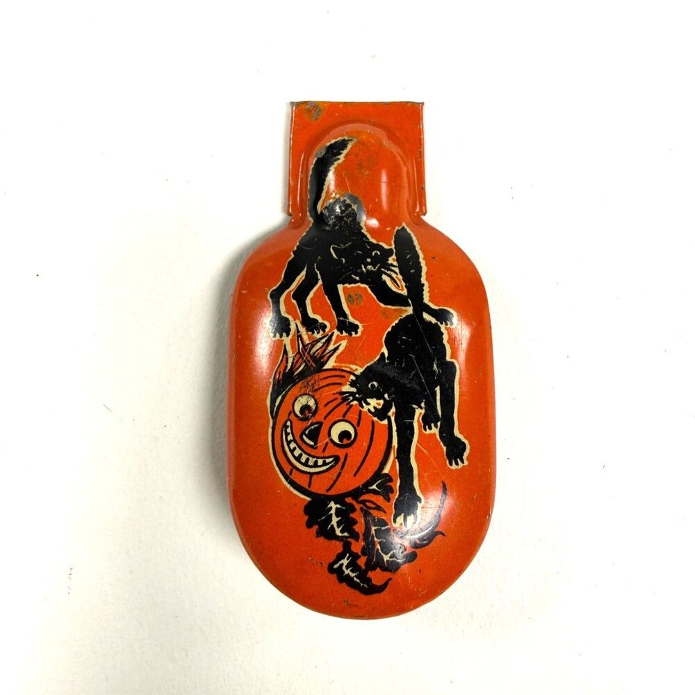 Kirchhof Clicker 2.5" Halloween Noisemaker Tin Litho Scary Black Cats Pumpkin